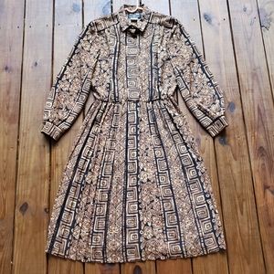 Vintage 80's 90's L black gold tan geometric floral long sleeve midi dress